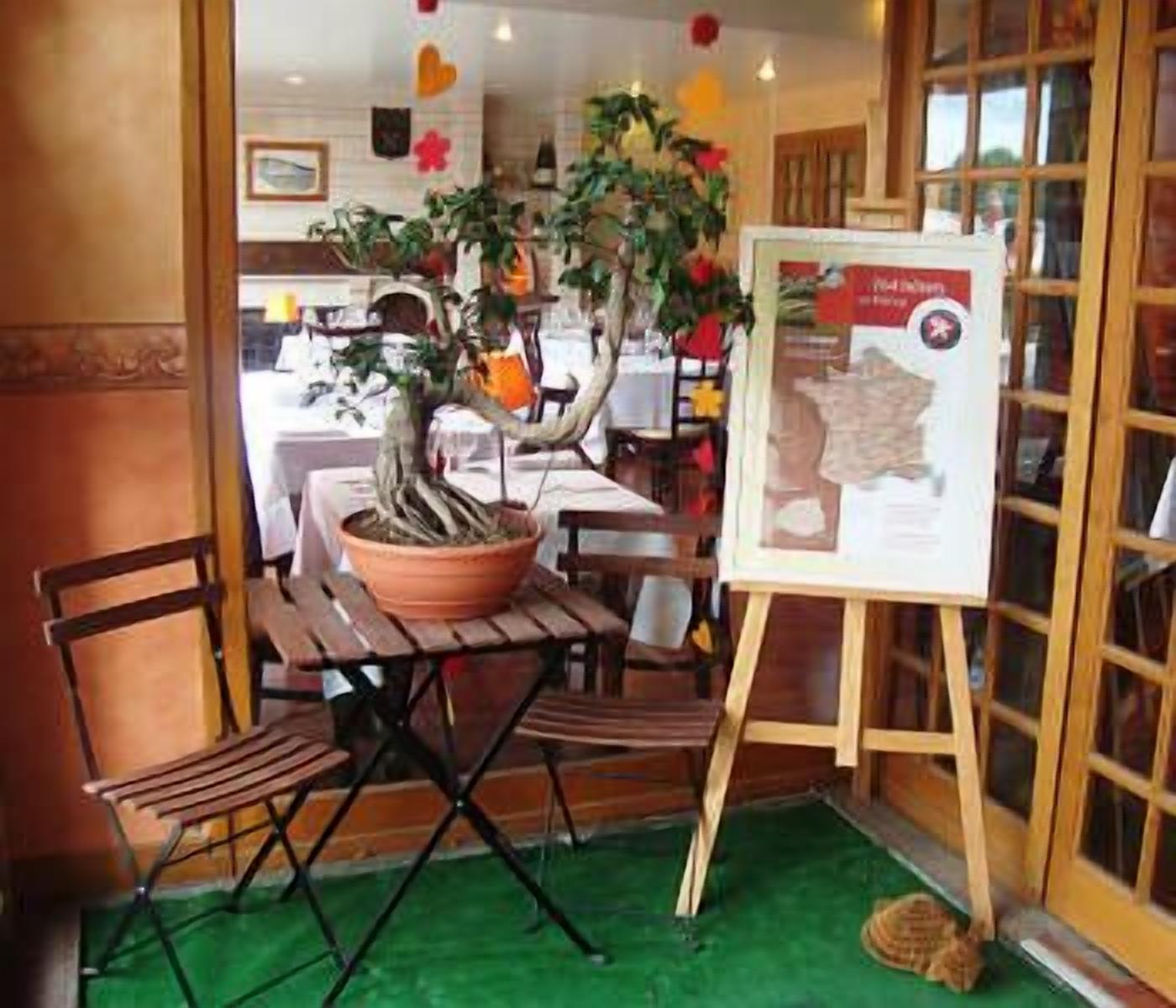 A wooden table with a potted plant, a wooden chair, and a poster on an easel.