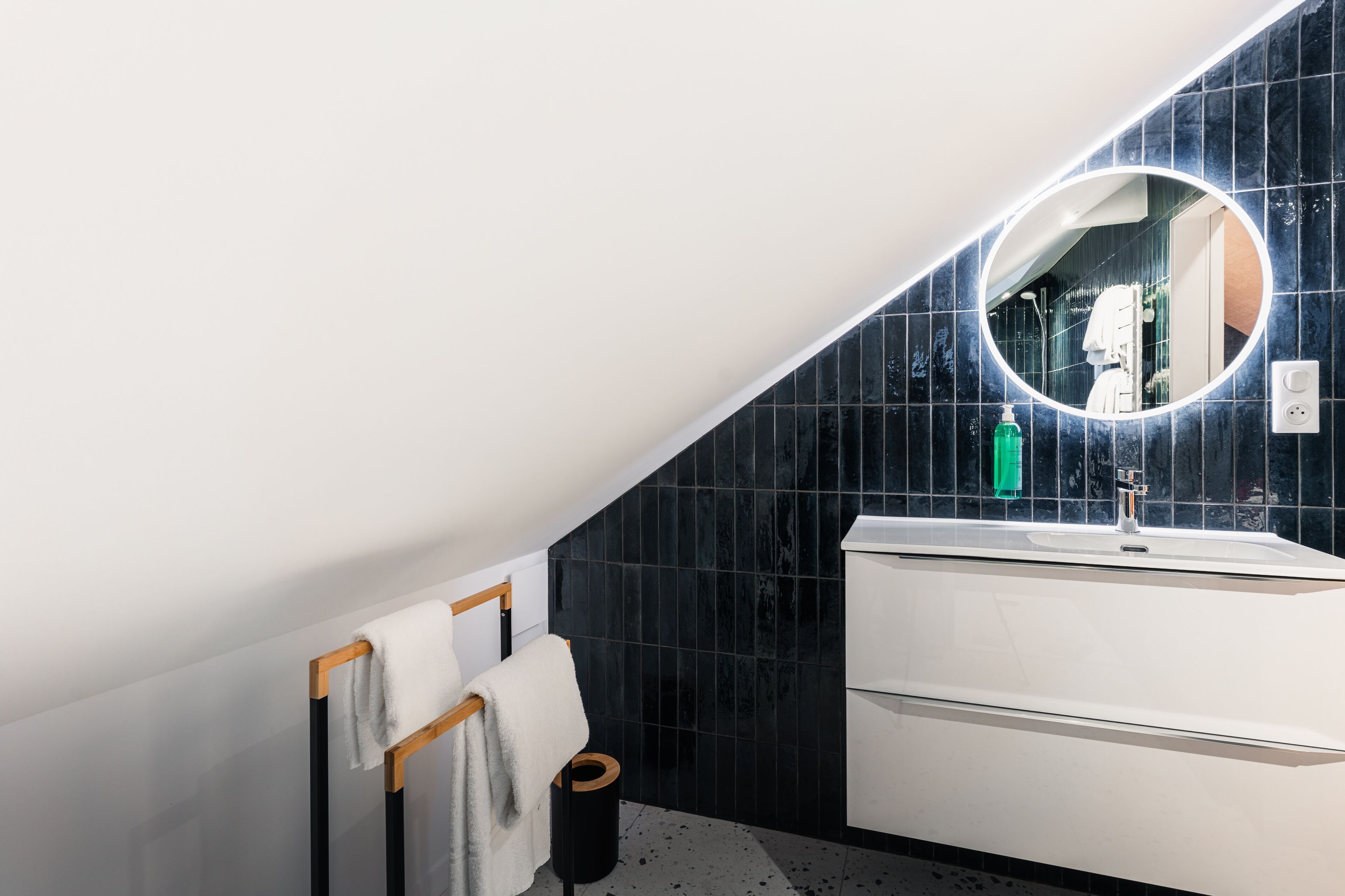 classic studio suite | bathroom | shower, hair dryer, towels