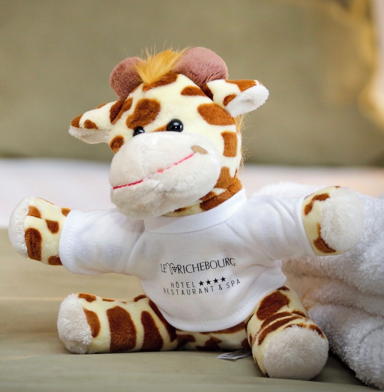A plush giraffe toy wearing a white shirt with text.