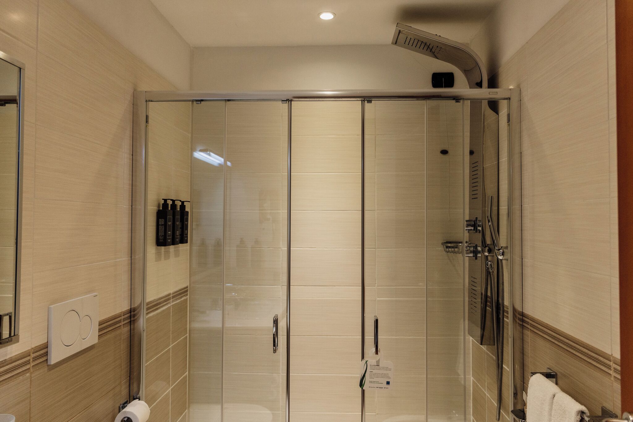 A modern bathroom with a glass-enclosed shower, a toilet, and a mirror.