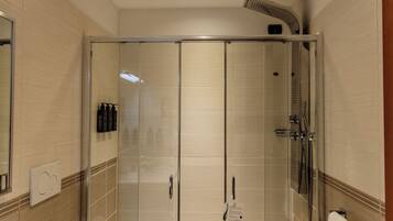 A modern bathroom with a glass-enclosed shower, a toilet, and a mirror.