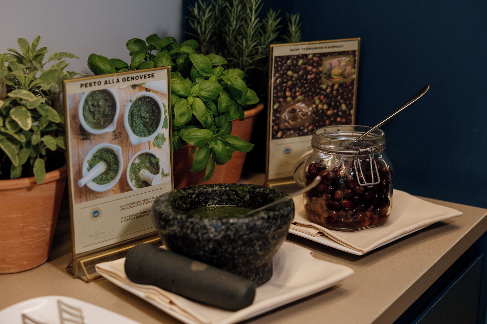 A kitchen counter with a mortar and pestle, a jar of olives, and two potted plants.