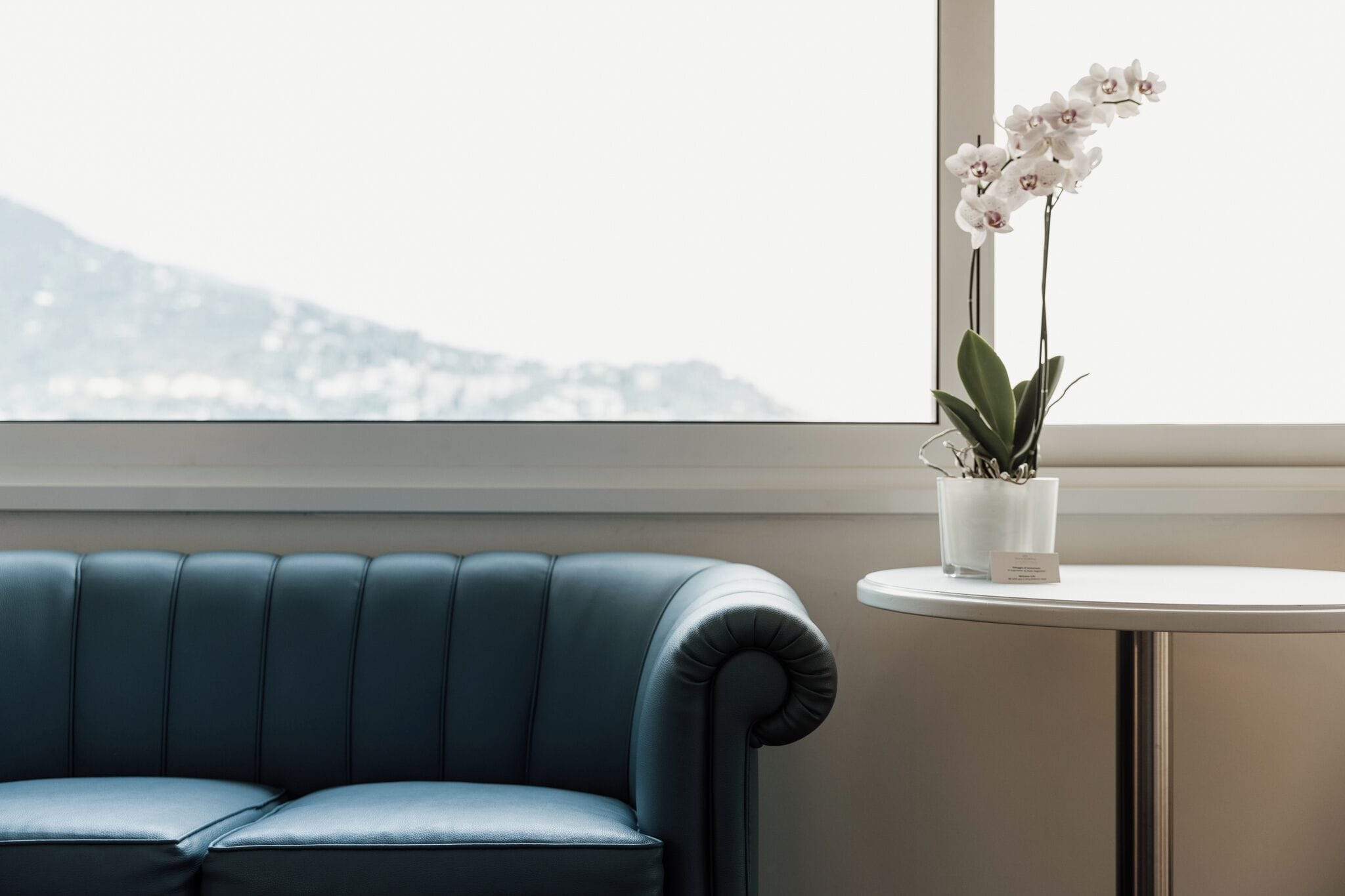 Un sofá de cuero azul y una mesita con una orquídea en maceta.
