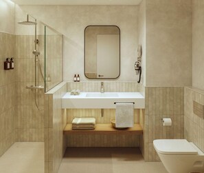 Chambre Supérieure Double ou avec lits jumeaux, terrasse | Salle de bain | Articles de toilette gratuits, sèche-cheveux, serviettes fournies, savon
