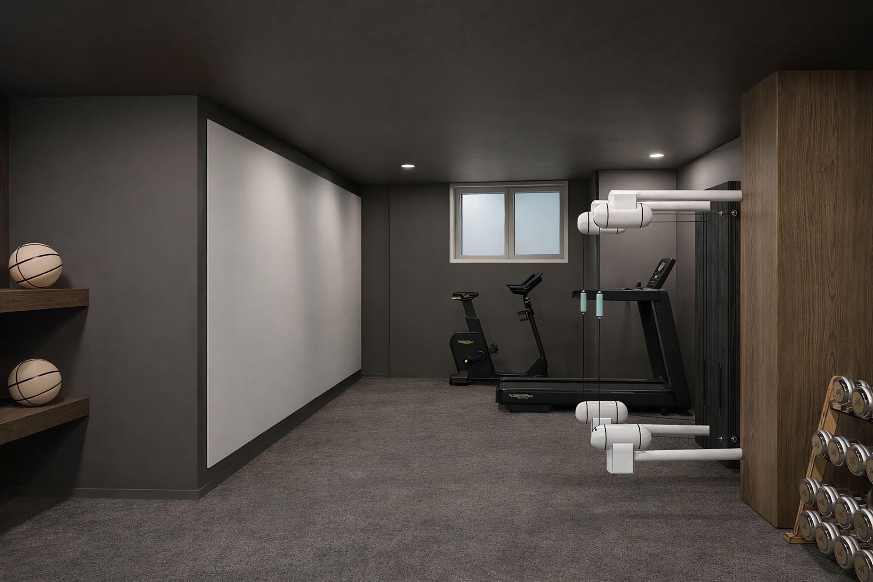 A home gym with exercise equipment, a treadmill, an elliptical, and dumbbells.