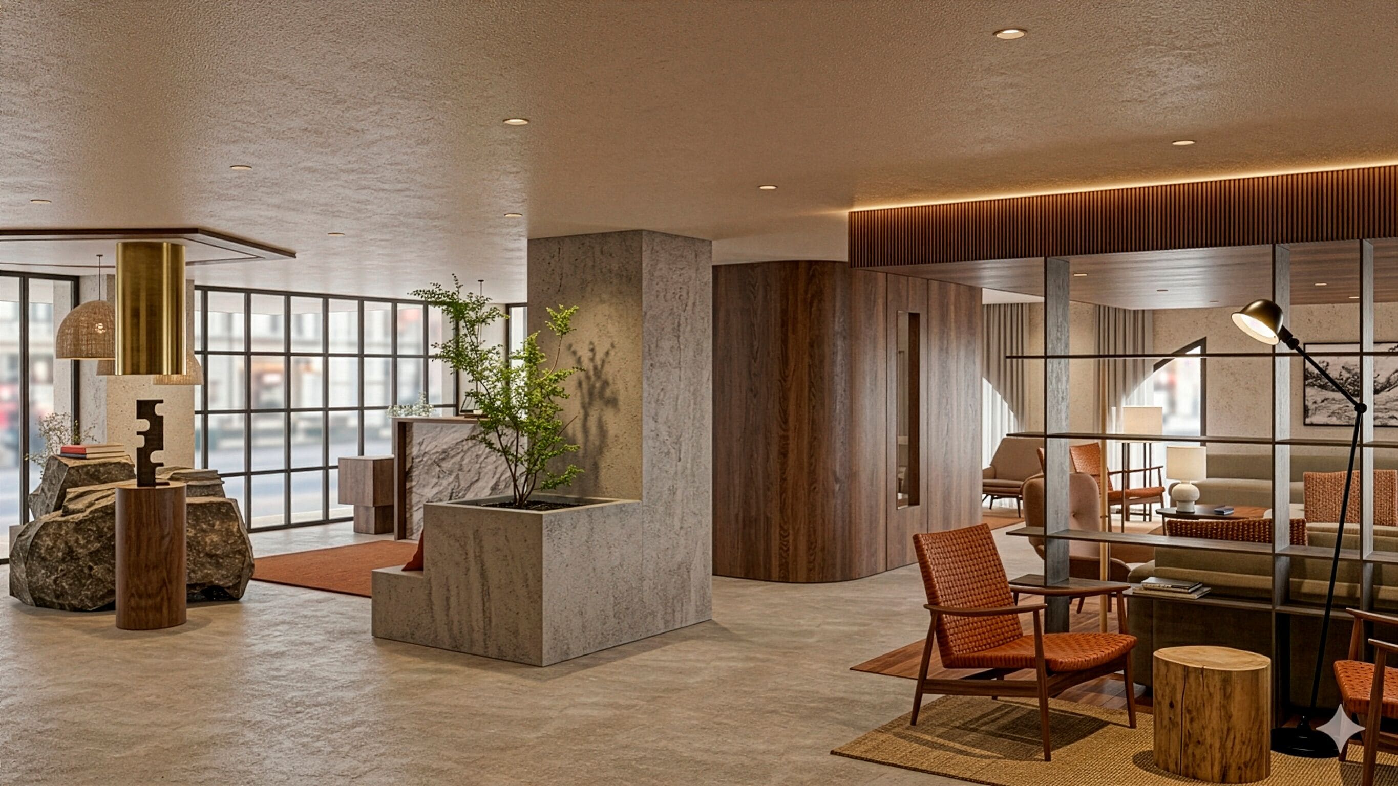 A modern lobby with a central planter, seating area, and large windows.