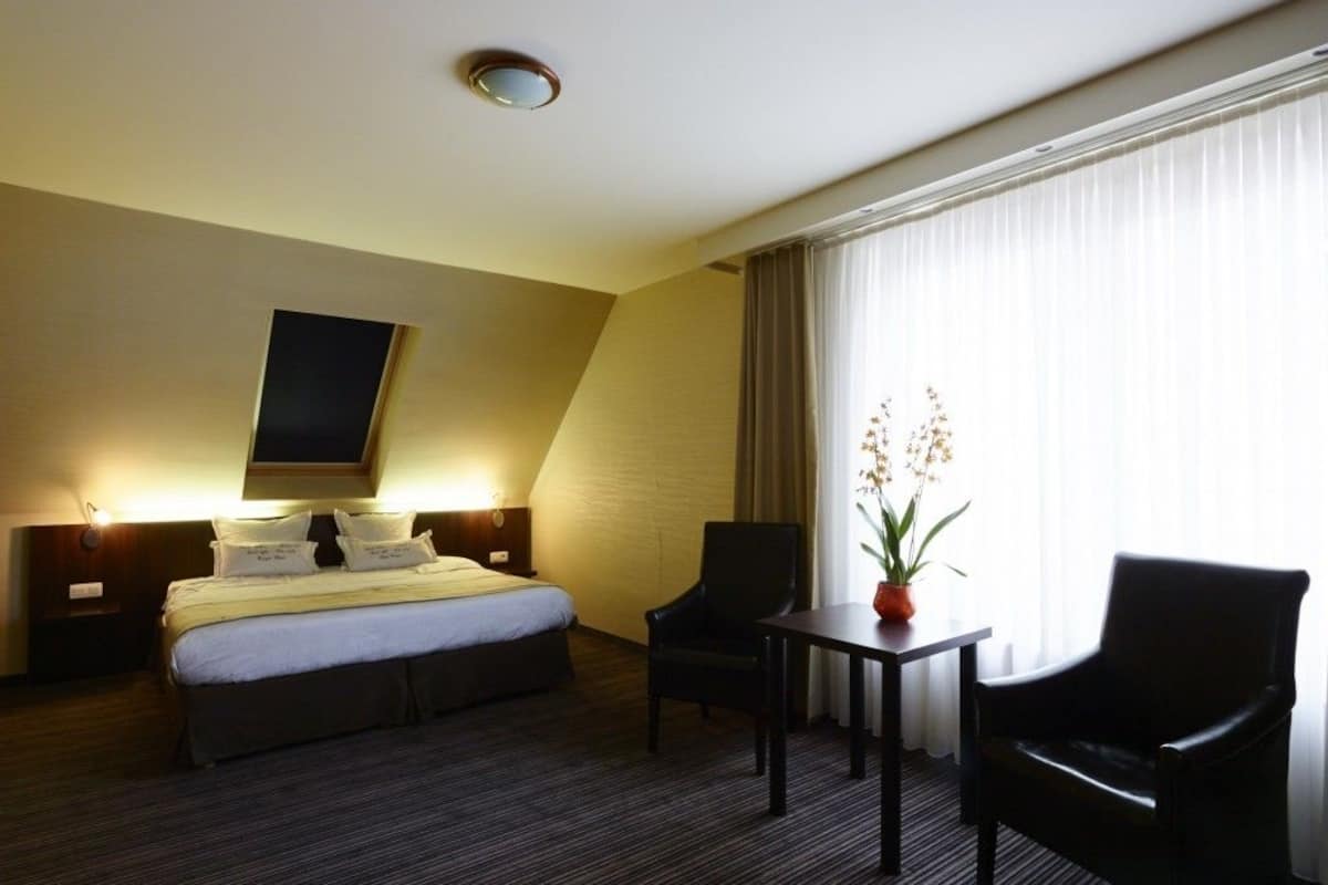 Habitación de hotel con cama, dos sillas, una mesita, una planta en maceta y un ventanal con cortinas.