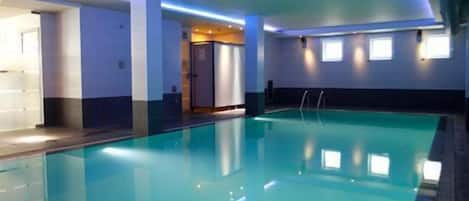 Indoor pool, open 8 AM to 9 PM, sun loungers
