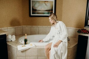 Separate tub and shower, deep soaking tub, designer toiletries