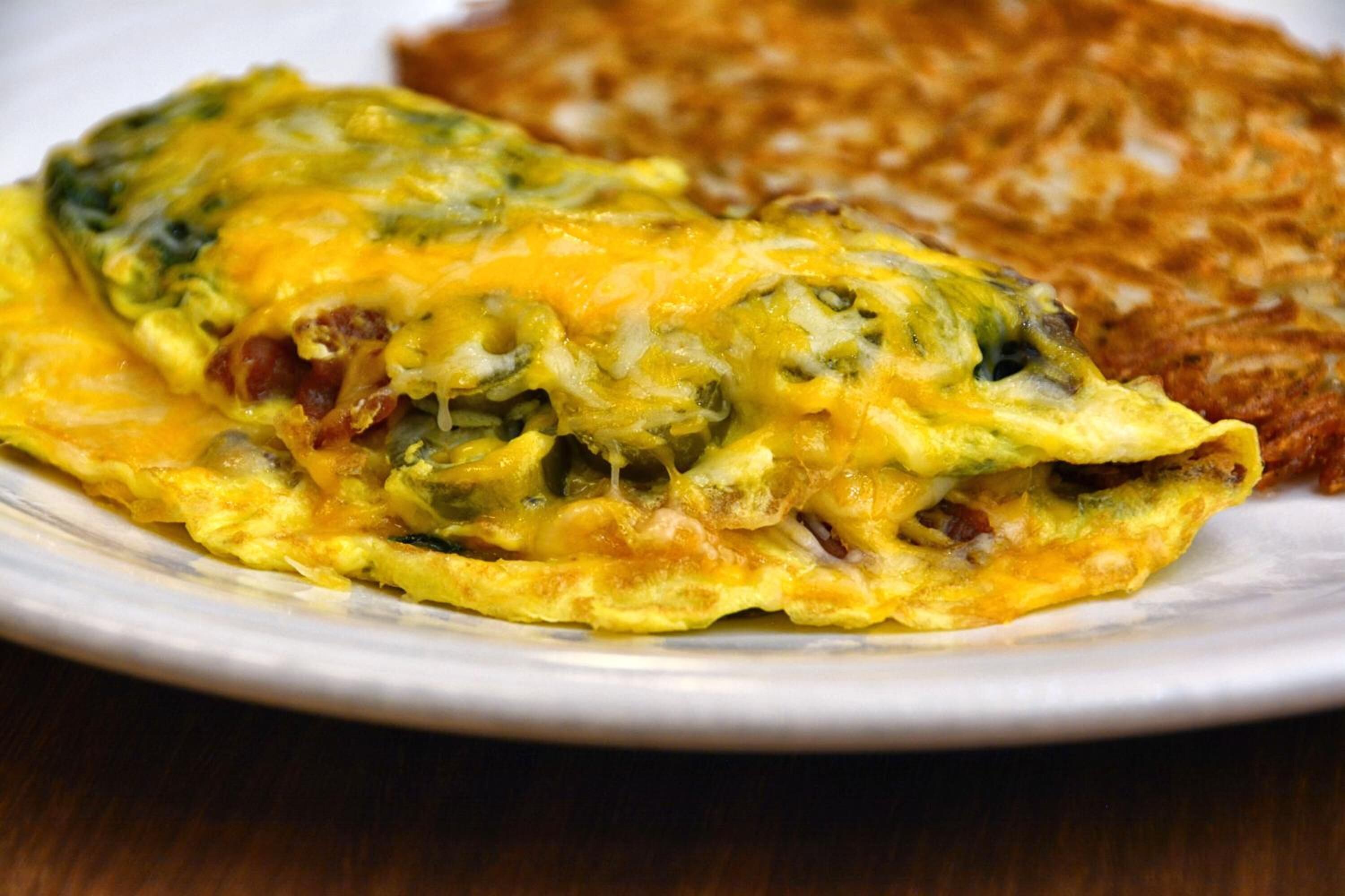 A plate with an omelette and hash browns.