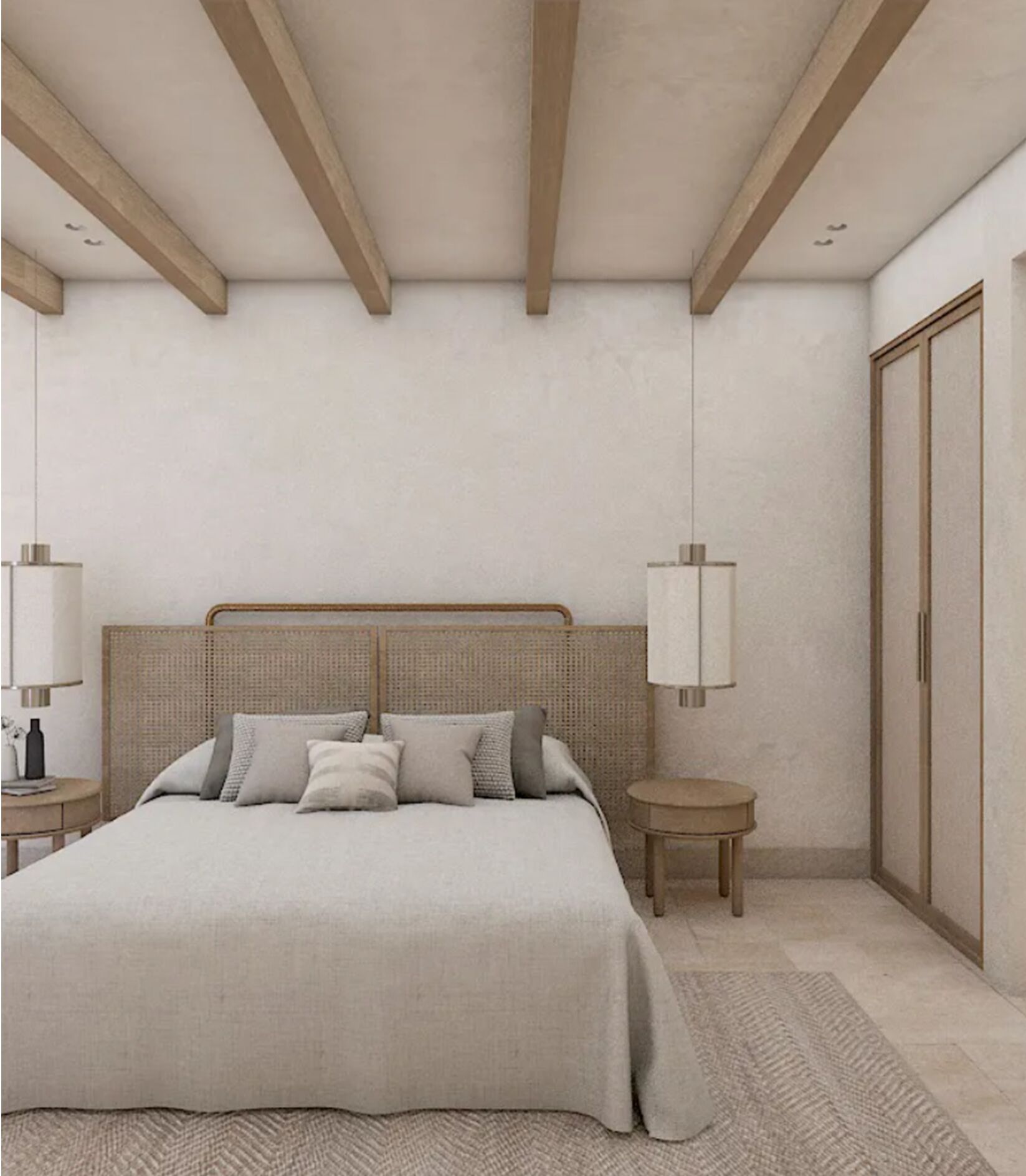 A bedroom with a bed, bedside tables, a nightstand, a wardrobe, and a hanging light fixture.