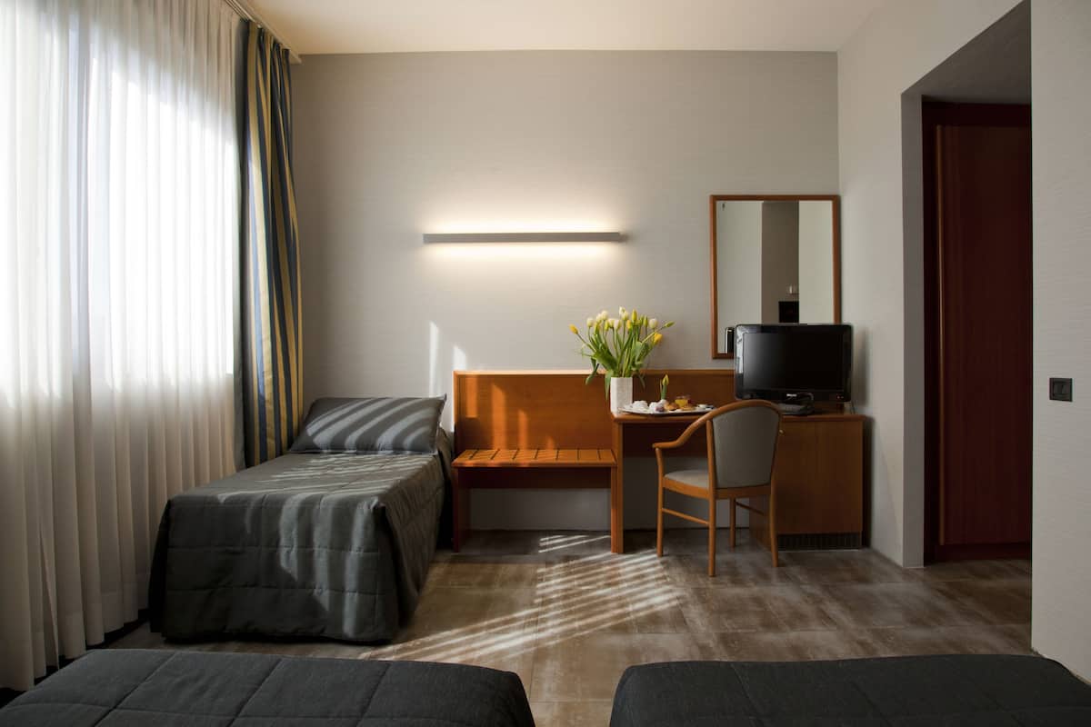 Hotellihuone, jossa on kaksi erillistä sänkyä, työpöytä tuolilla, televisio ja huonekasvi.