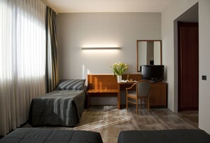 Habitación de hotel con dos camas individuales, un escritorio con silla, una televisión y una planta.