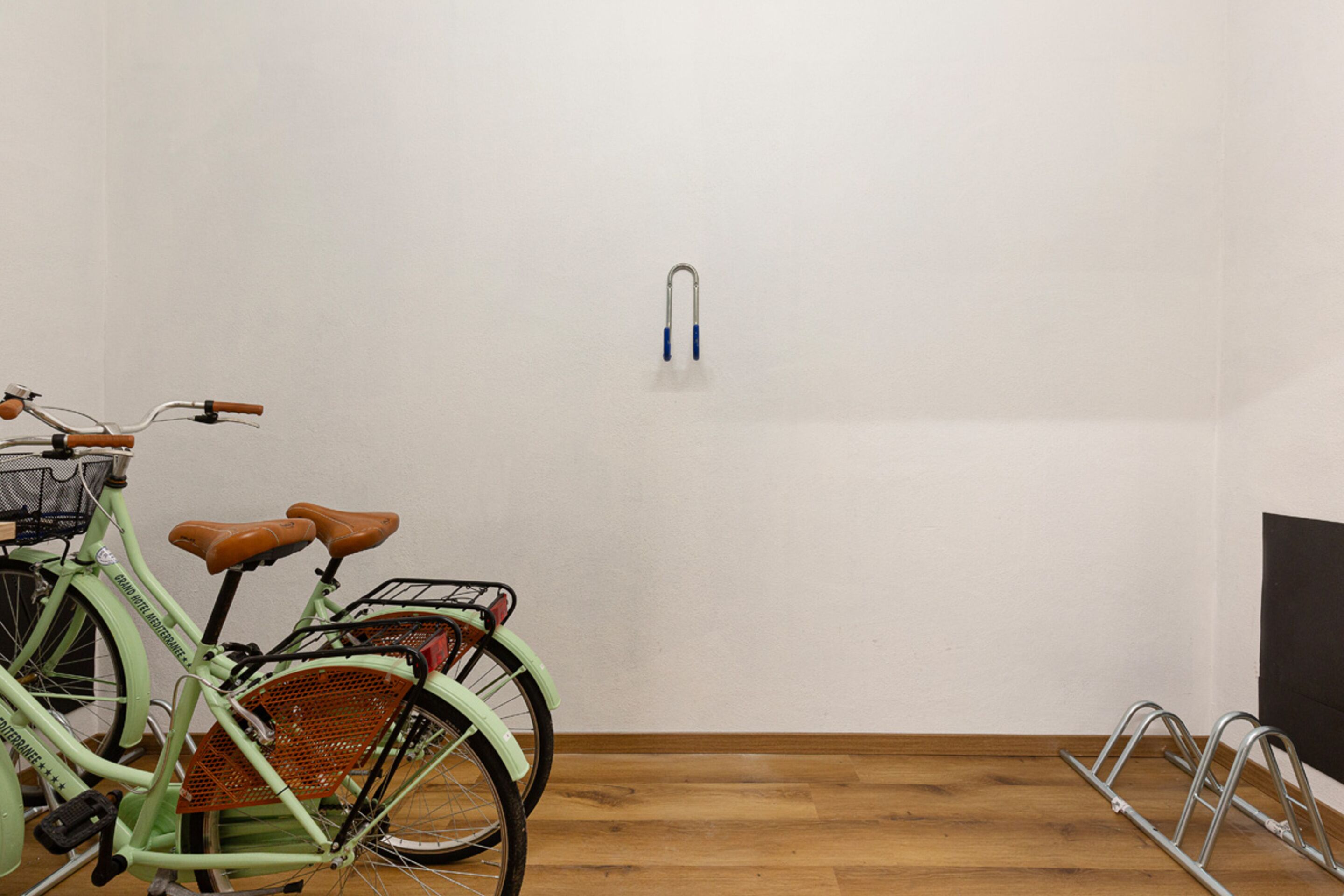 Una habitación con piso de madera, una bicicleta verde con canasta y asiento, y un estante metálico contra la pared.
