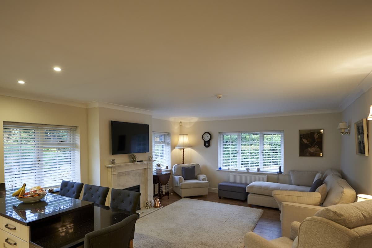 A modern living room with a dining area, fireplace, and large windows.