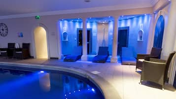 Indoor pool, seasonal outdoor pool, pool loungers