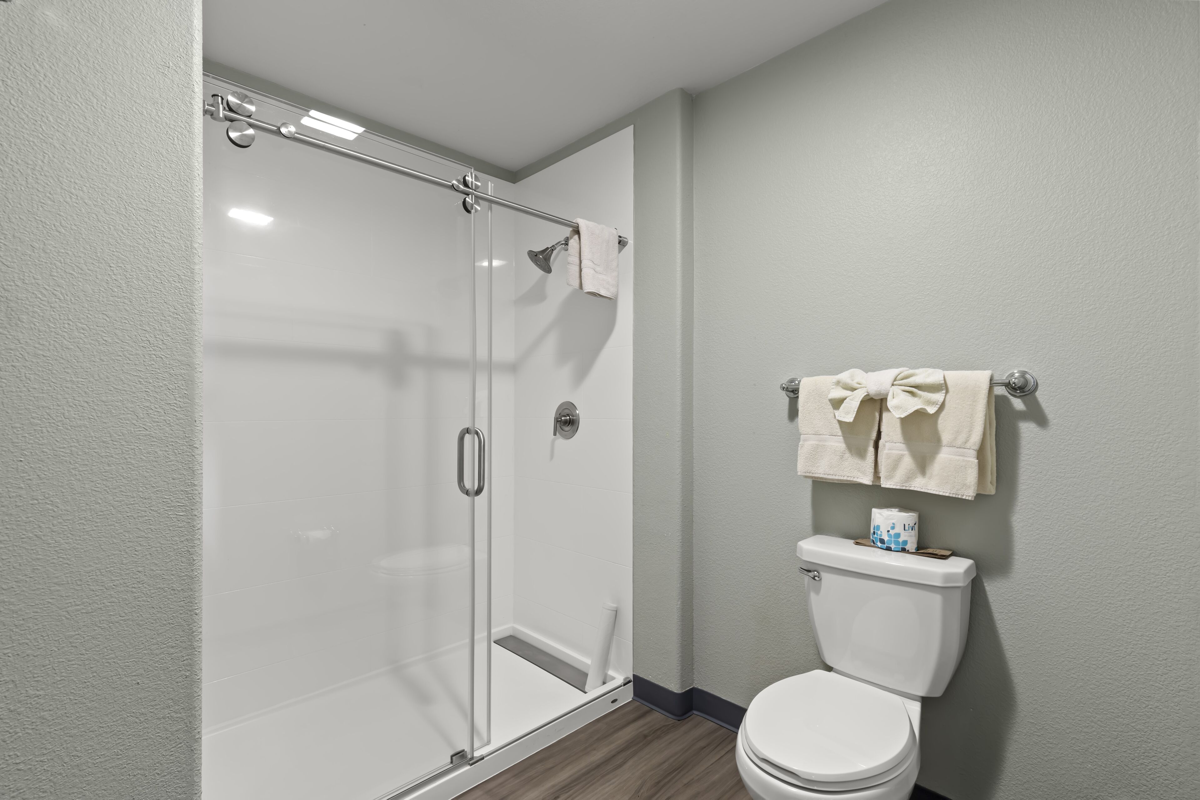 A bathroom with a glass-enclosed shower, a toilet, and a towel rack.