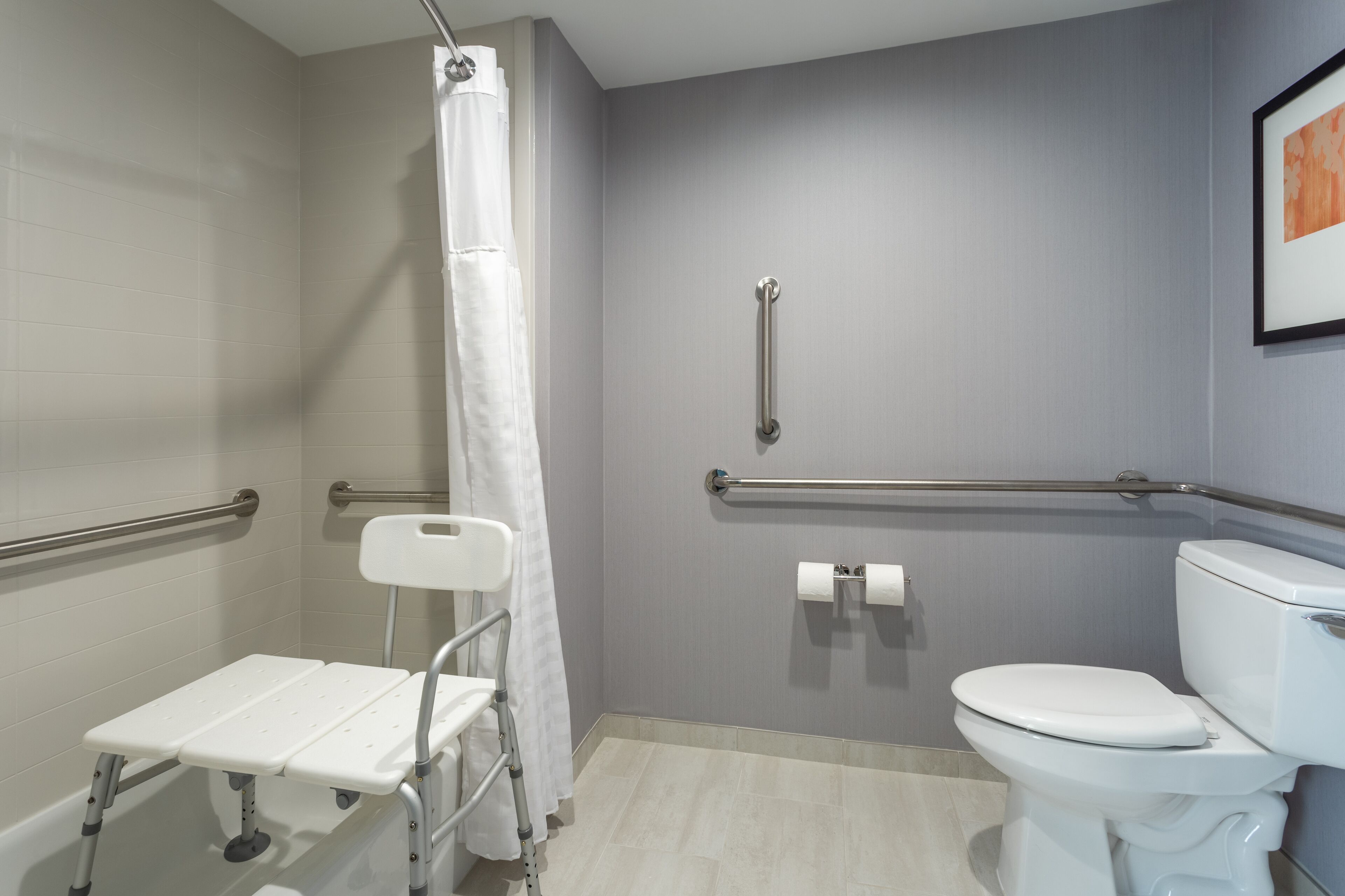 A bathroom with a shower, toilet, and grab bars.