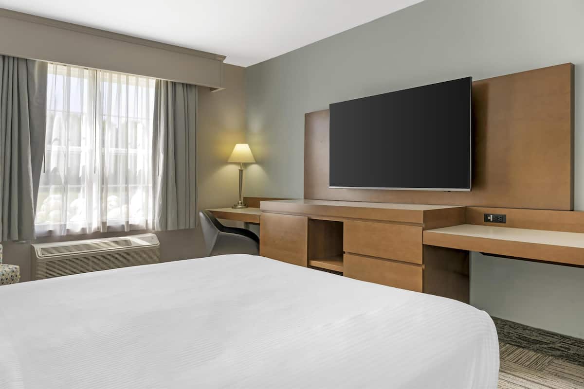 A hotel room with a large bed, a desk with a flat-screen TV, a lamp, and a window with curtains.
