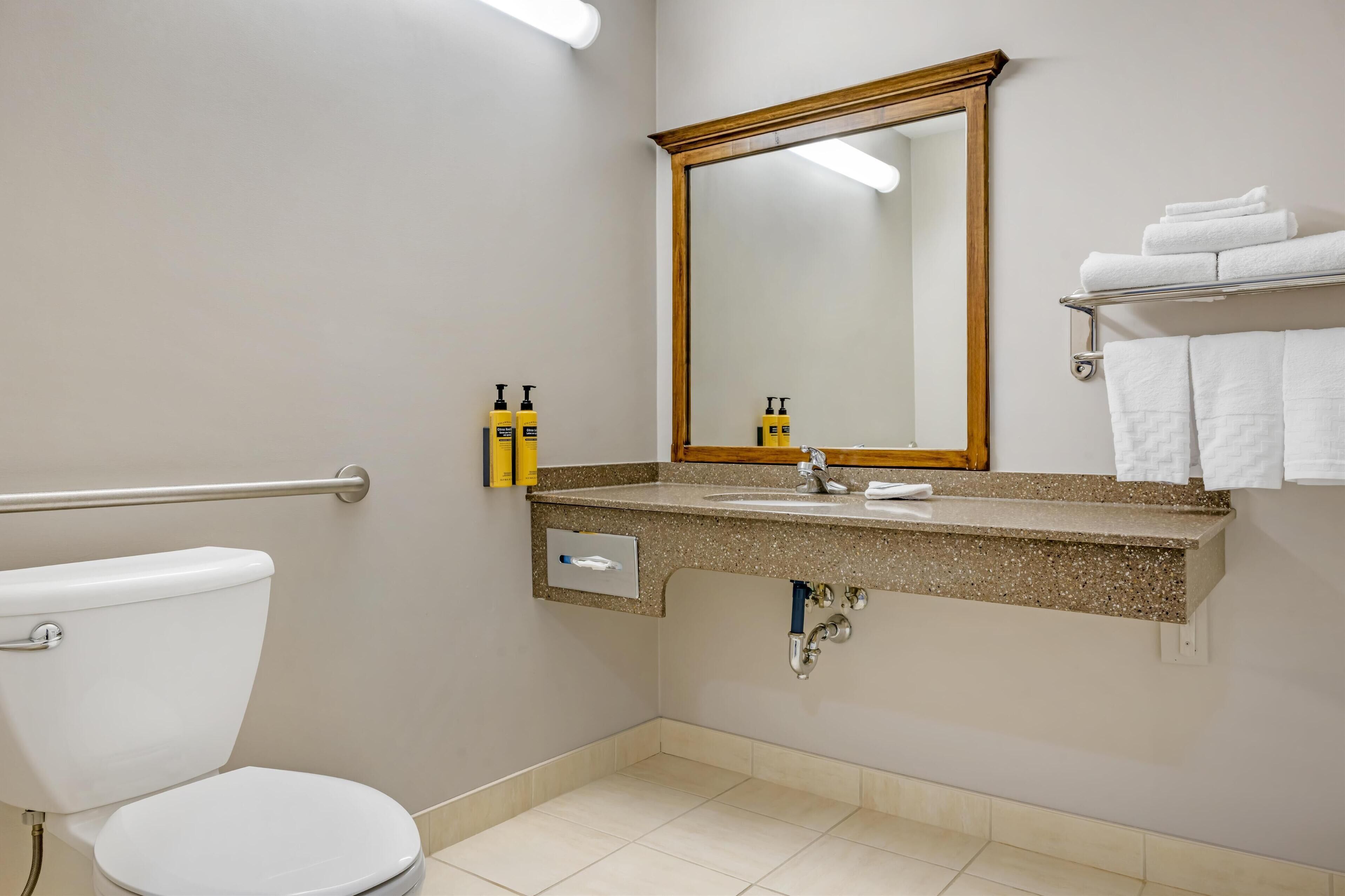 A bathroom with a toilet, sink, mirror, and towel rack.