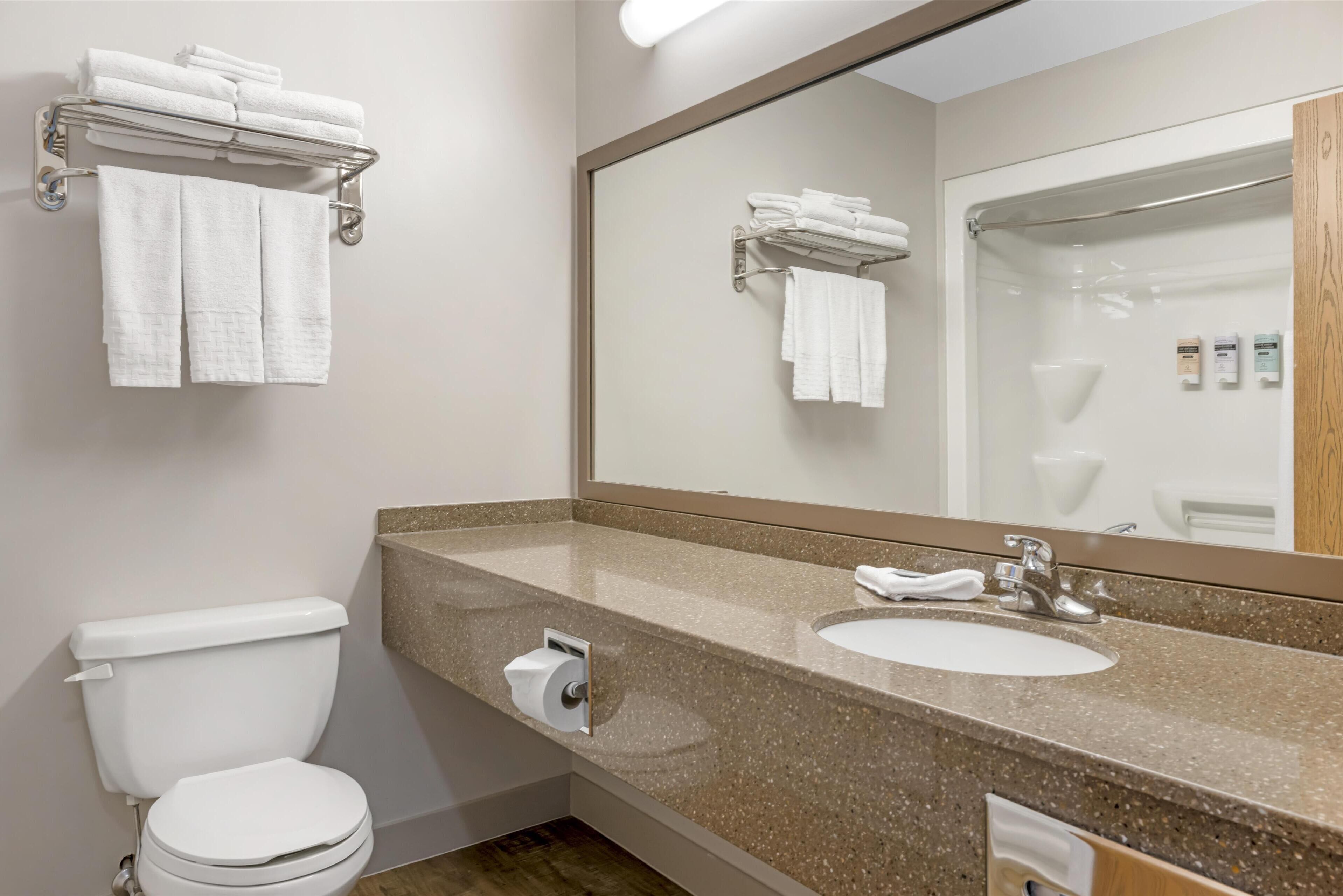 standard room, 2 queen beds, non smoking, refrigerator & microwave (larger room) | bathroom | hair dryer, towels