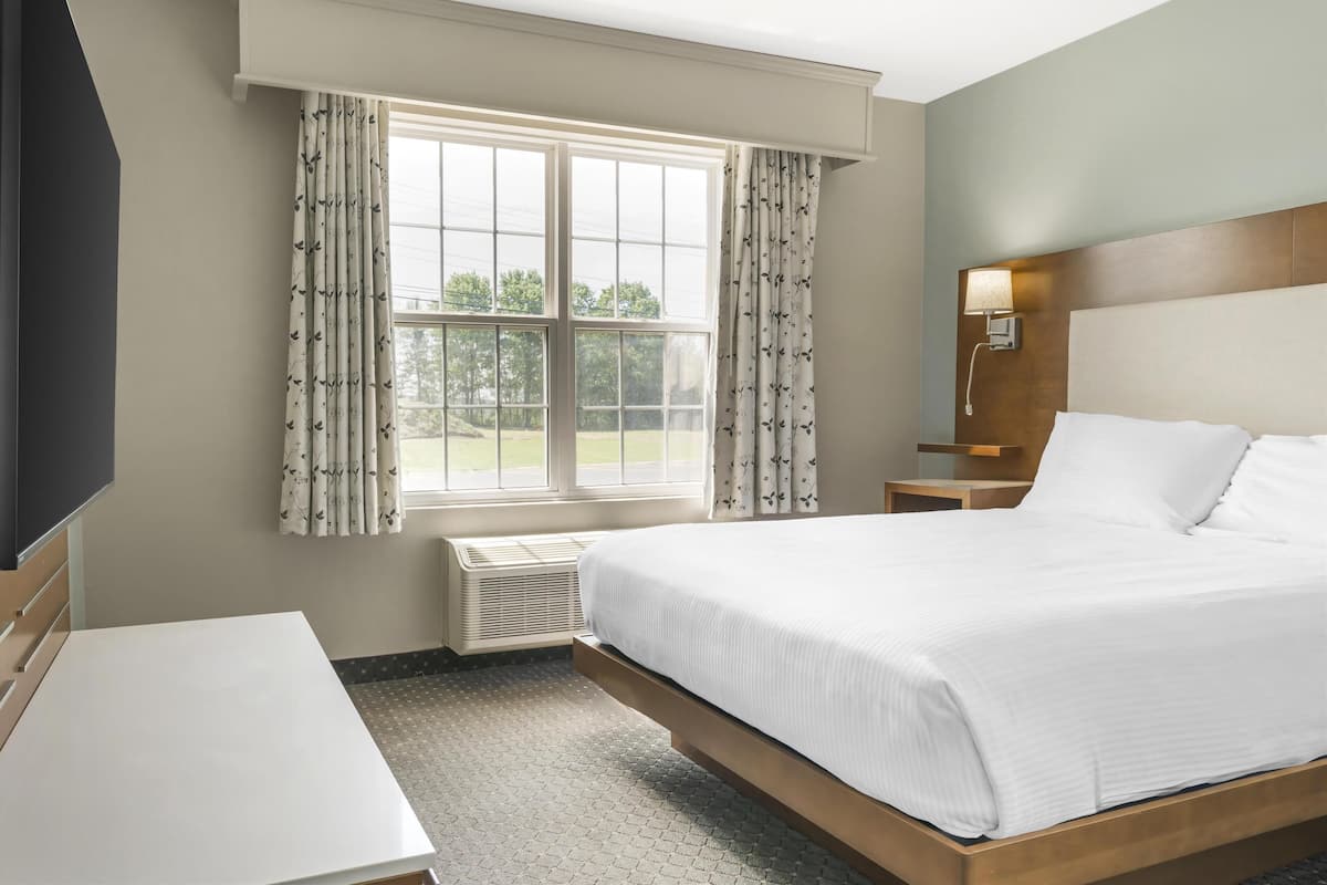 A hotel room with a large bed, a desk, a TV, and a window with curtains.