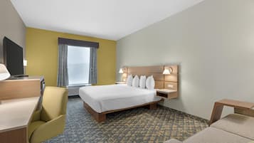 Habitación de hotel con una cama, un escritorio, una silla, un sofá y una ventana con cortinas.