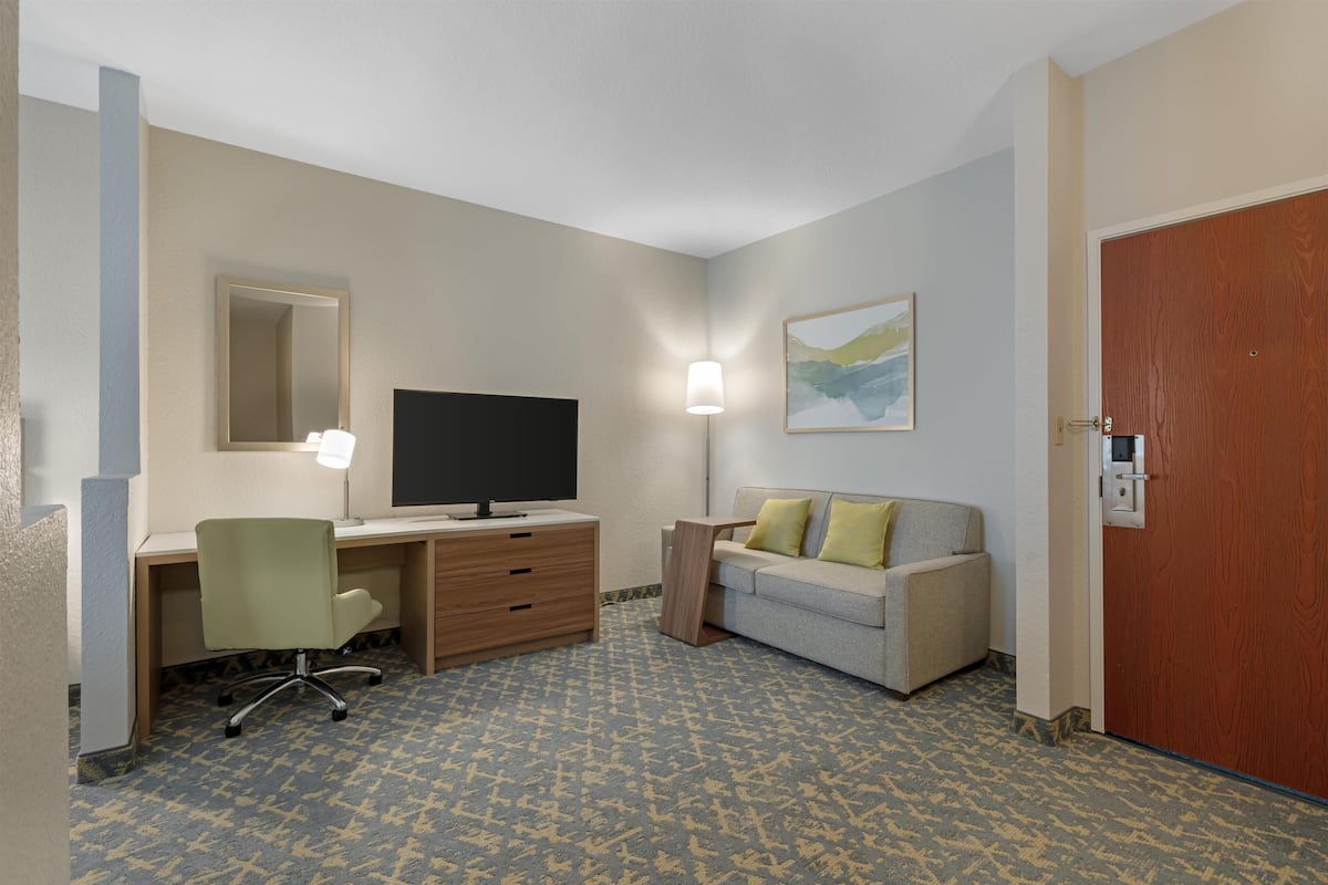 Une chambre d’hôtel équipée d’un bureau, d’une chaise, d’une télévision, d’un canapé et d’une porte.