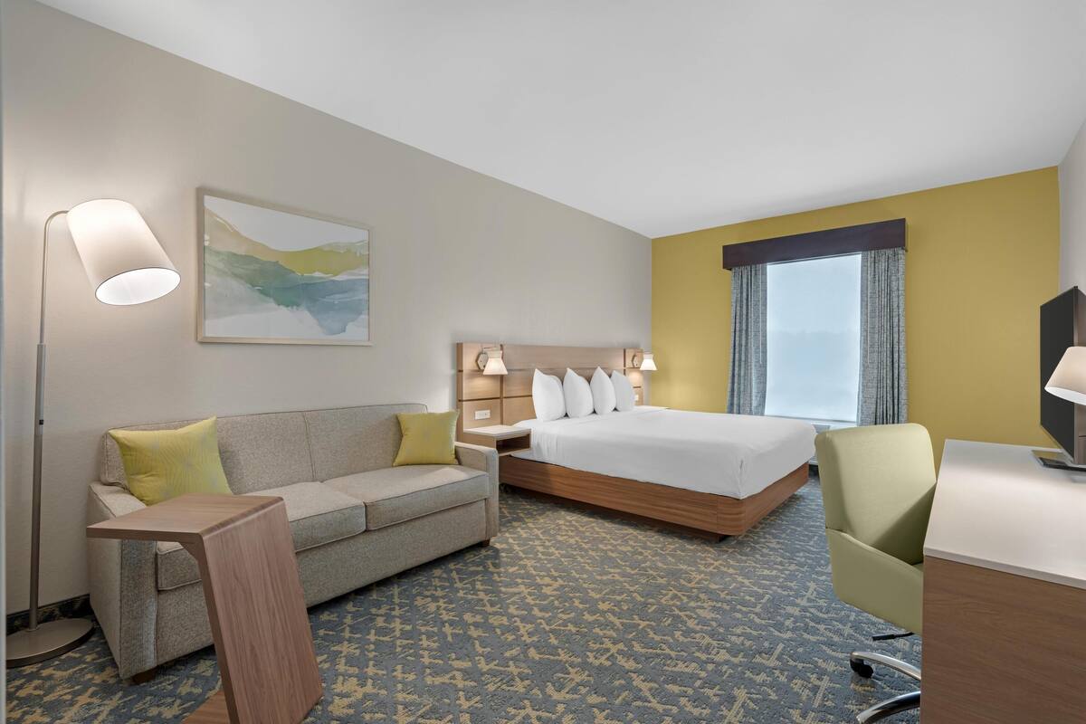 Une chambre d’hôtel avec un lit, un canapé, un bureau, une chaise, une lampe et un tableau au mur.