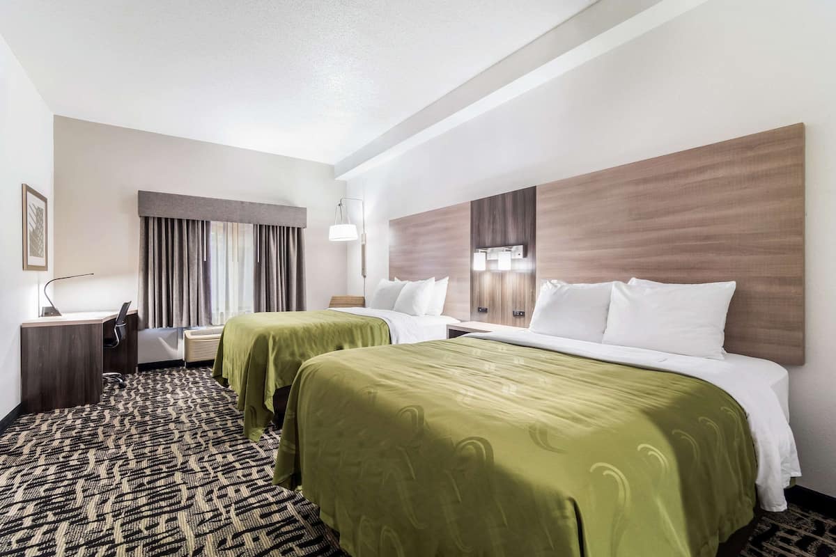 Une chambre d’hôtel avec deux lits, un bureau, une chaise, une lampe et une moquette à motifs.