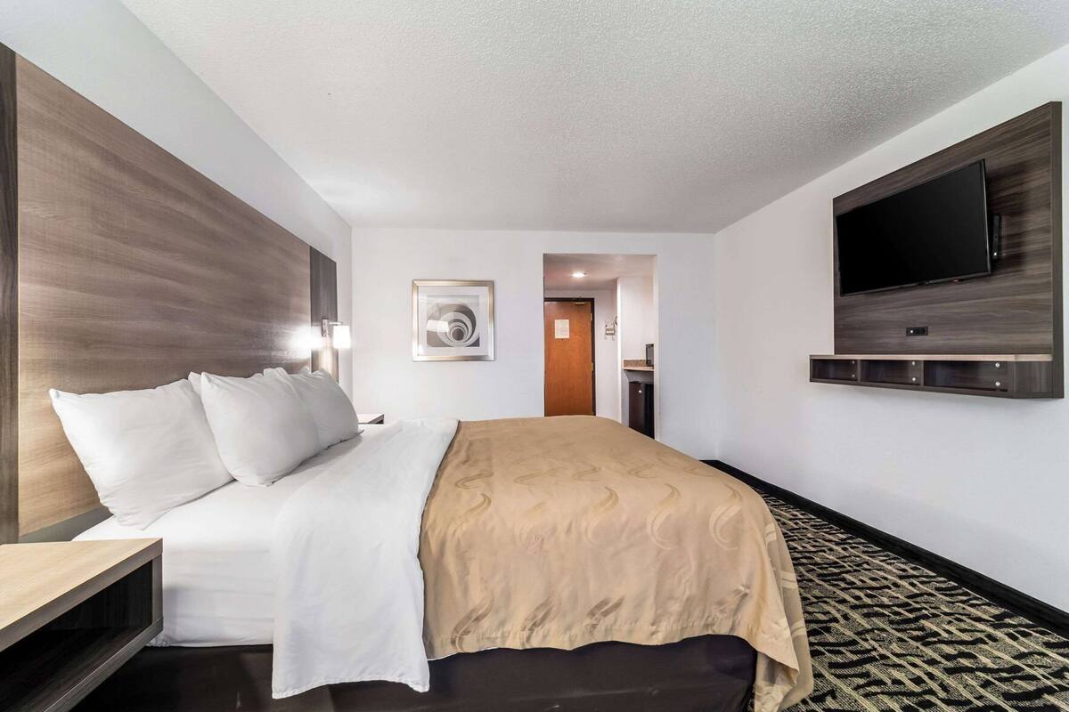 Une chambre d’hôtel avec un lit, un téléviseur fixé au mur, un tableau encadré accroché au mur et une porte donnant accès à une salle de bain.