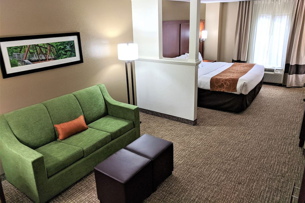A hotel room with a green sofa, a bed with a brown and white bedspread, a small table, and a picture on the wall.