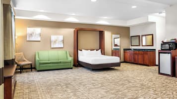 Desk, laptop workspace, blackout curtains, iron/ironing board