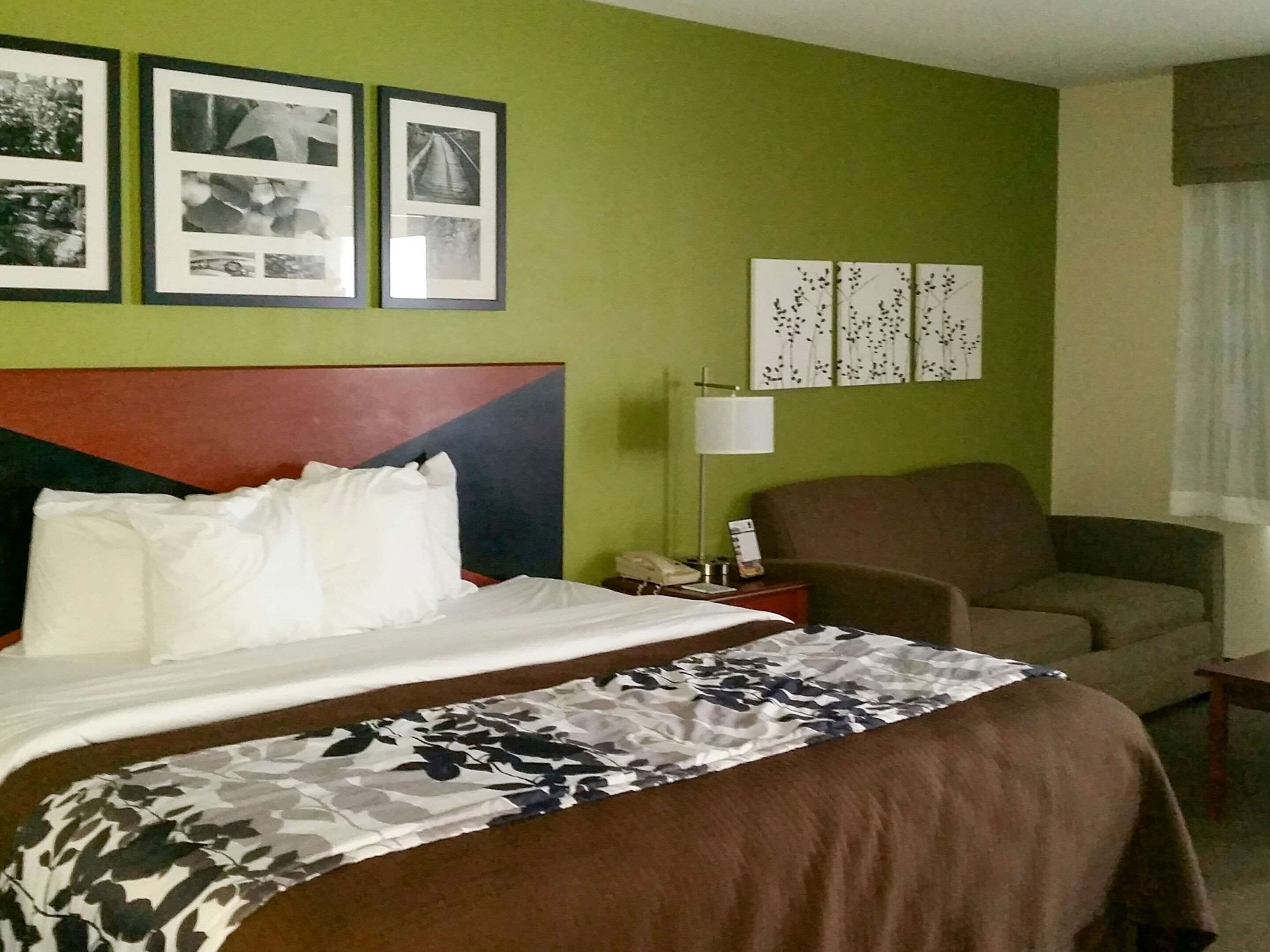 A hotel room with a bed, a chair, a desk with a lamp, and framed pictures on the wall.
