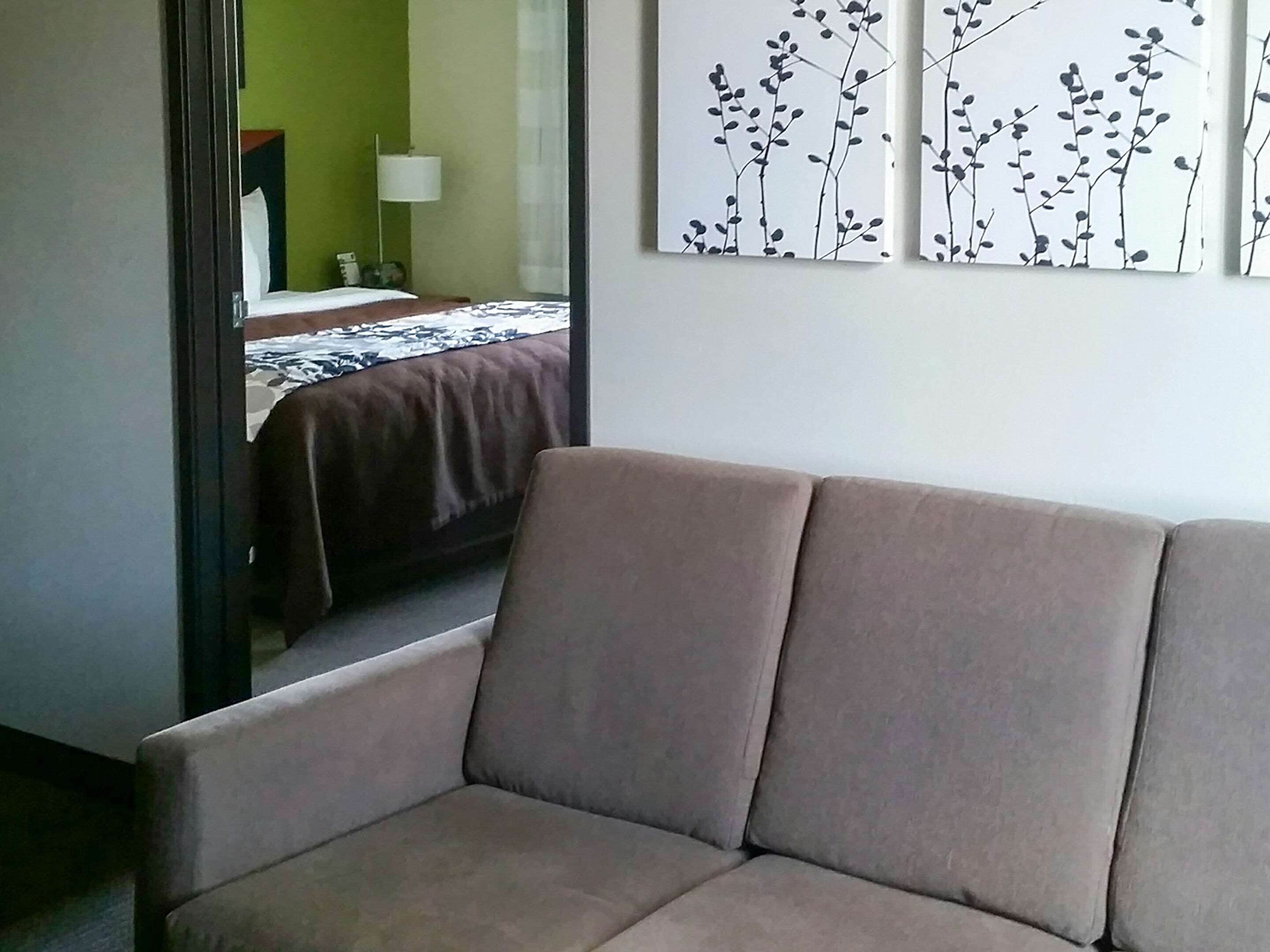 A hotel room with a bed, a sofa, and a wall with artwork.