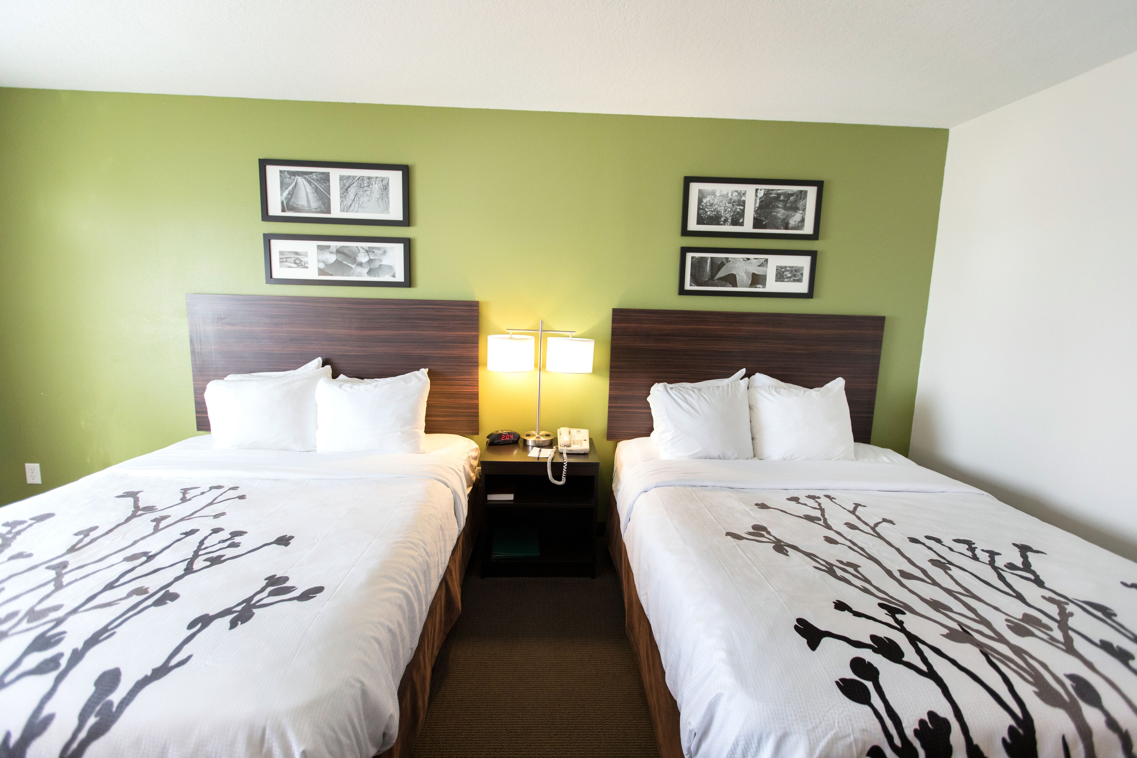 A hotel room with two beds, a nightstand with a lamp, and framed pictures on the wall.