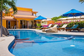Outdoor pool, pool umbrellas, pool loungers