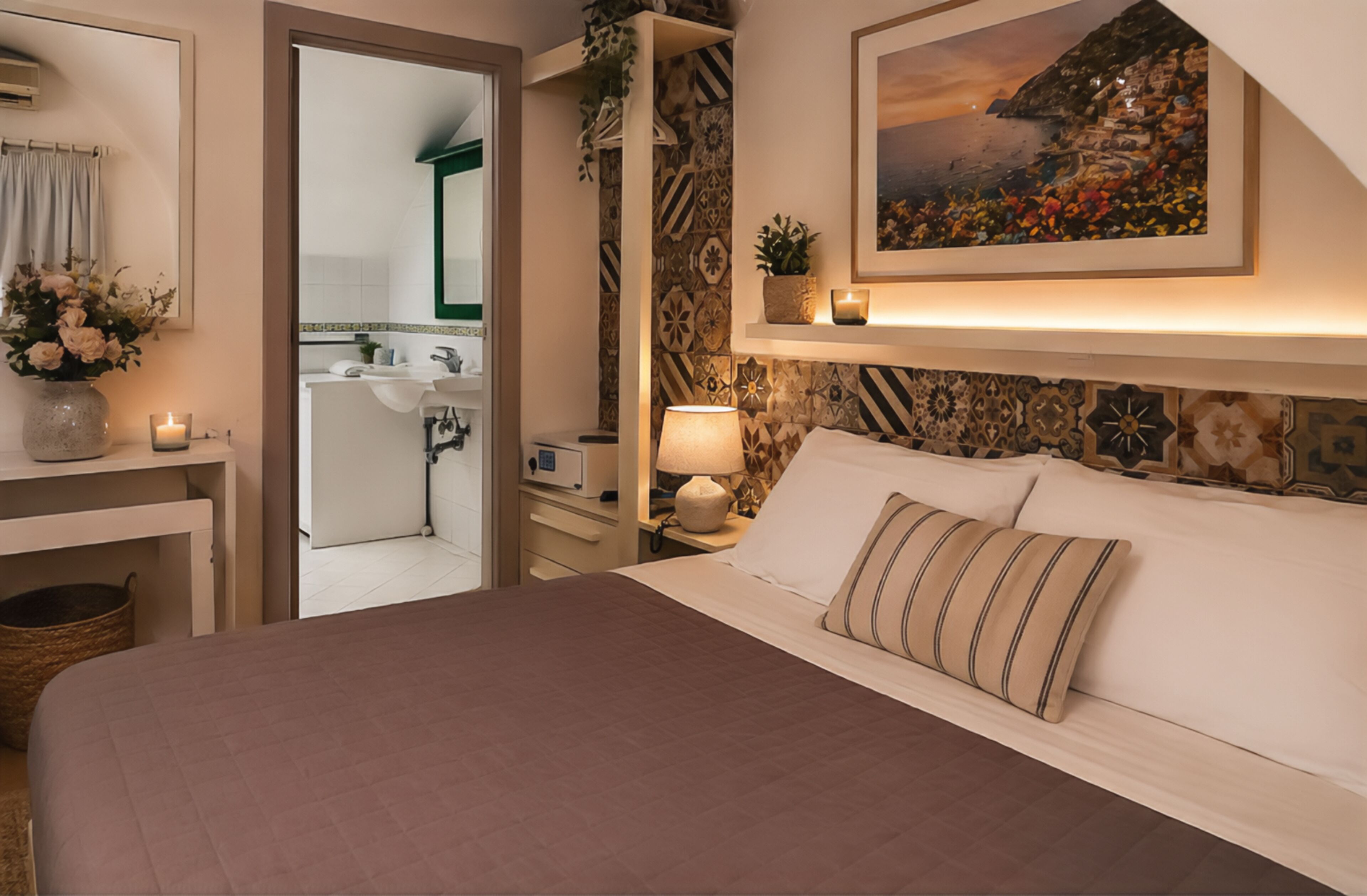 A bedroom with a bed, bedside table, lamp, and a painting on the wall.