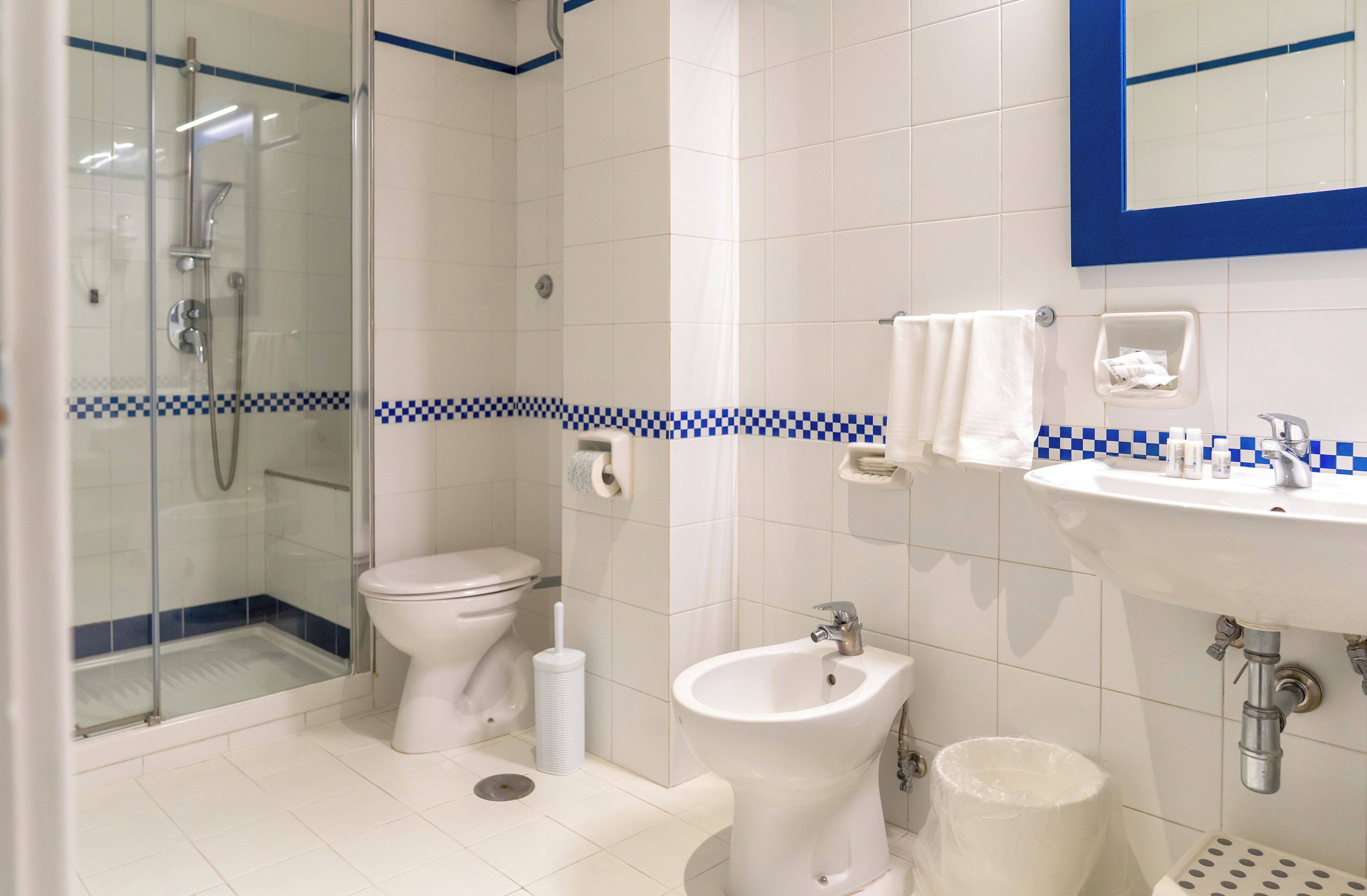 A bathroom with a glass-enclosed shower, a toilet, a bidet, and a sink with a mirror above it.