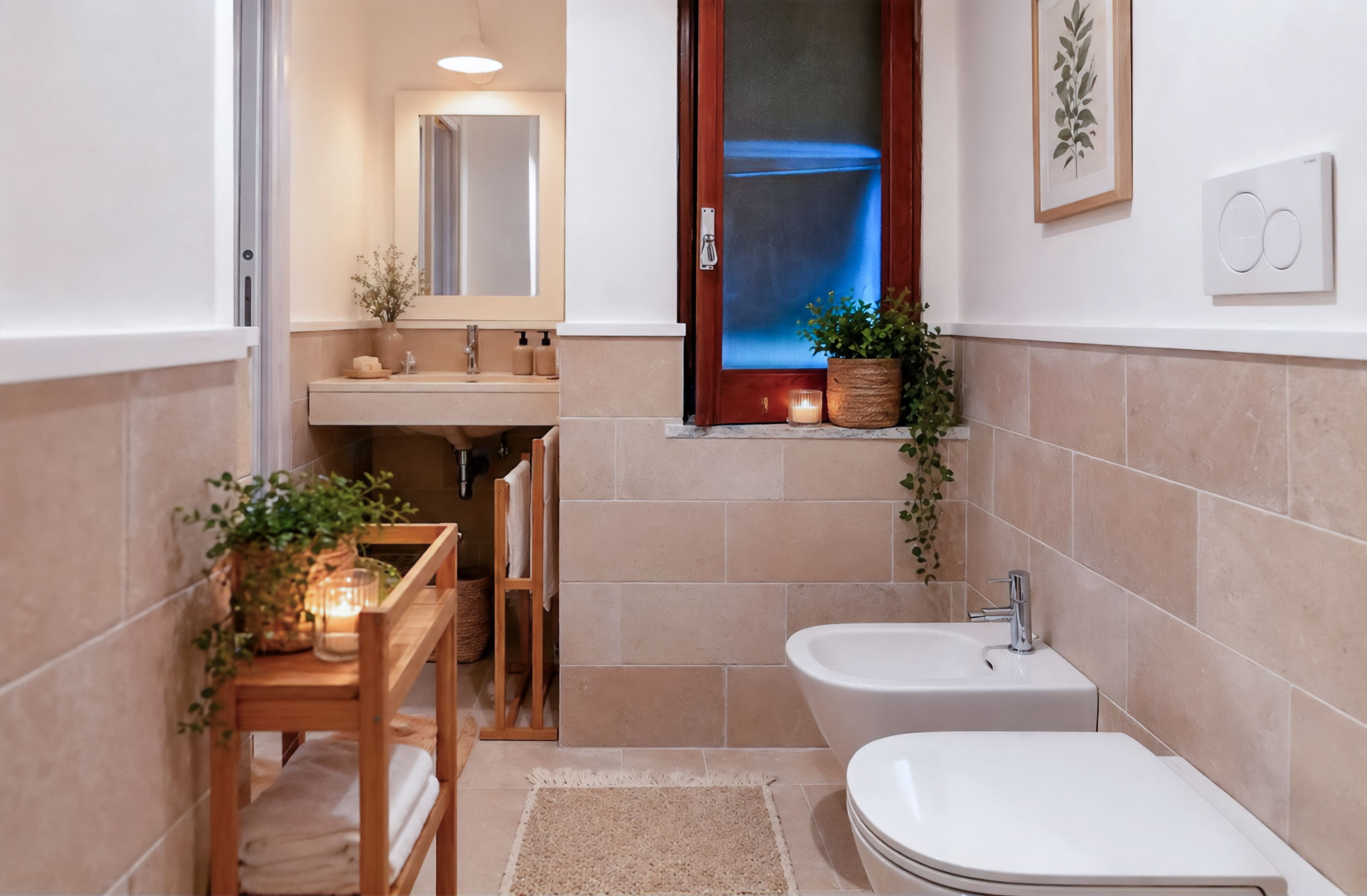 A bathroom with a sink, bidet, and mirror. There is a towel rack and a potted plant.