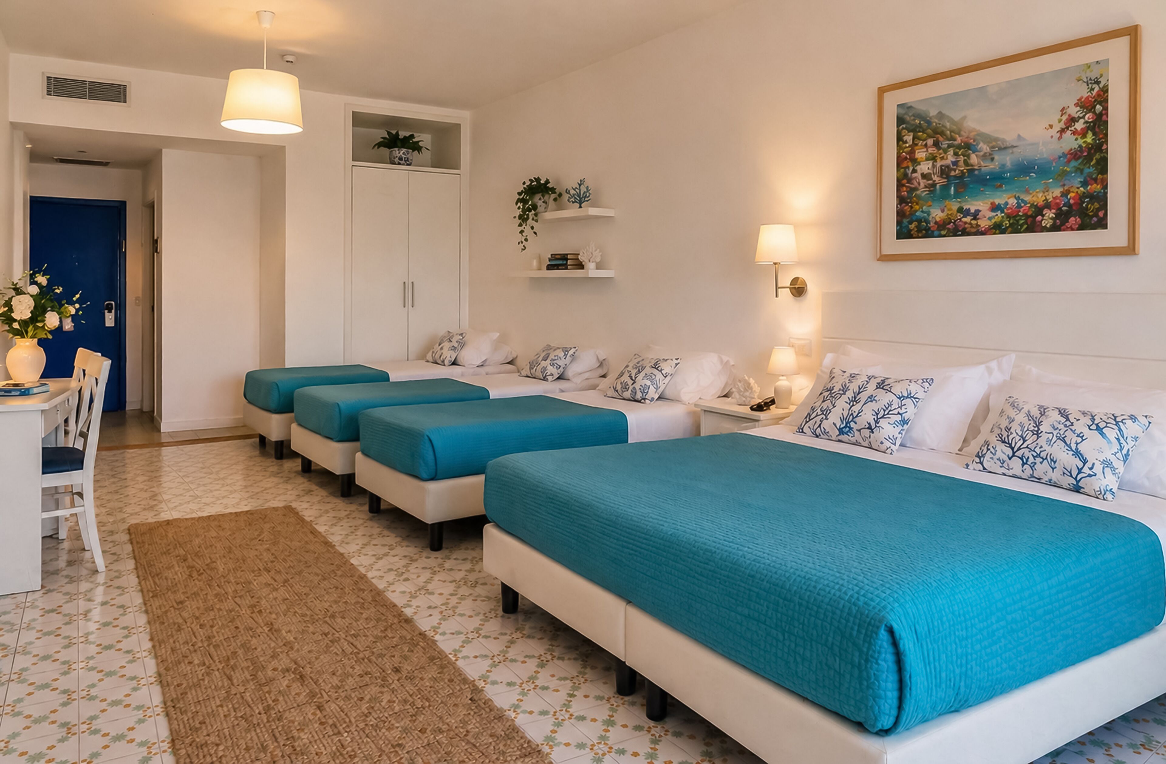 A hotel room with a large bed, two smaller beds, a desk, and a chair. There is a painting on the wall, a plant on a shelf, and a door with a blue frame.