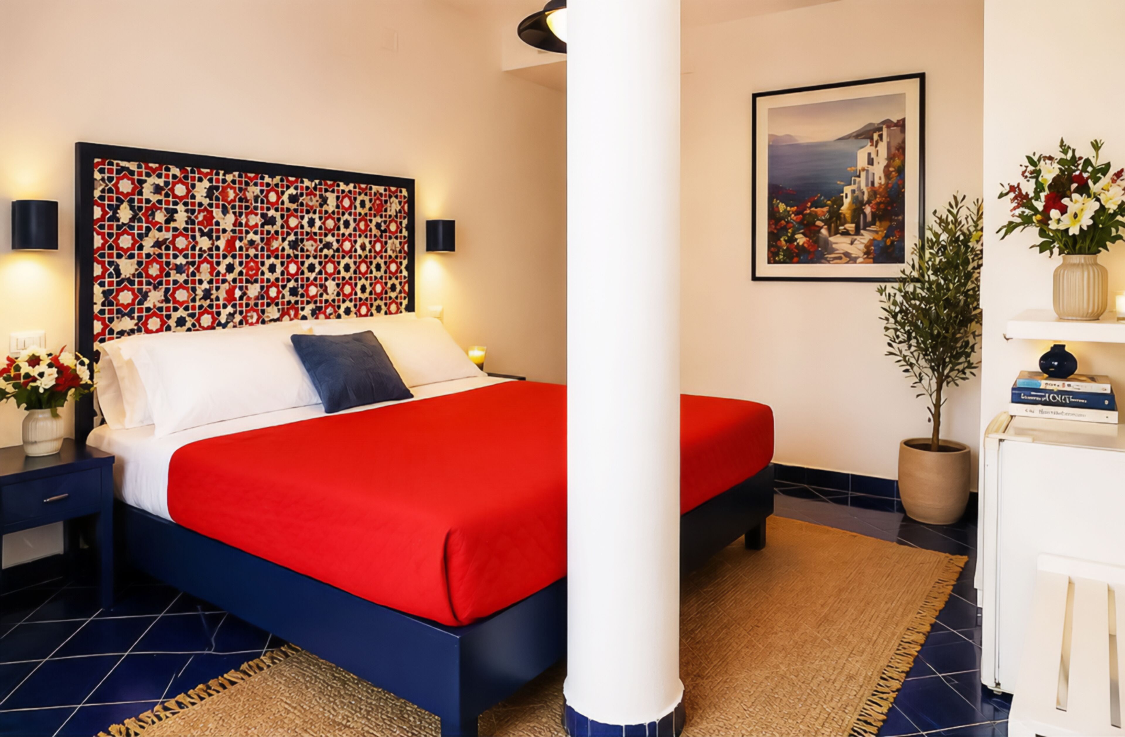 Une chambre d’hôtel avec un lit, une table de chevet, une plante en pot, un tableau encadré au mur et une armoire blanche contenant des livres.