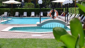 Seasonal outdoor pool, pool umbrellas, sun loungers