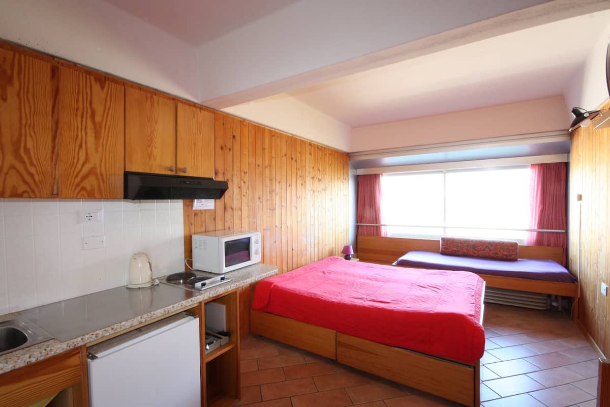 A compact kitchen with wooden cabinets, a microwave, a kettle, and a small refrigerator.