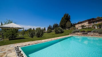 Piscina stagionale all'aperto, ombrelloni da piscina, lettini