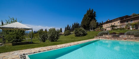 Piscina stagionale all'aperto, ombrelloni da piscina, lettini