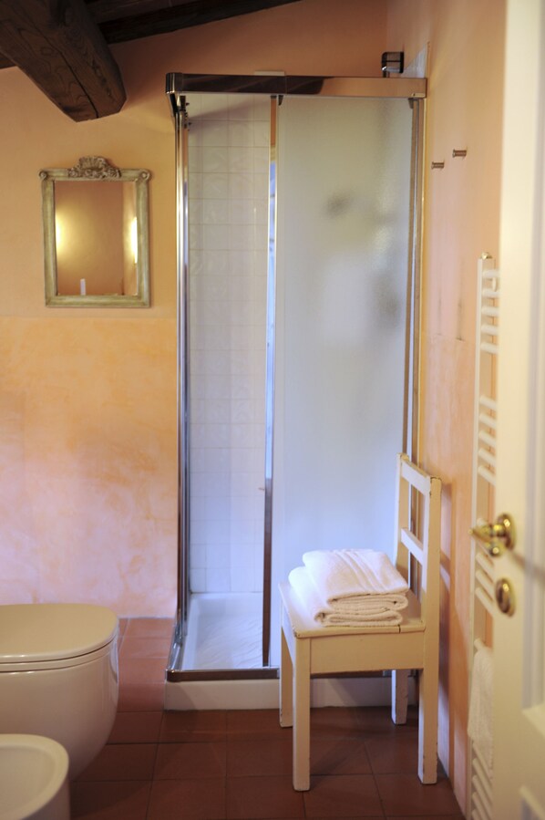 A bathroom with a shower, toilet, and a chair with towels. - Relais del Lago (Capannori)