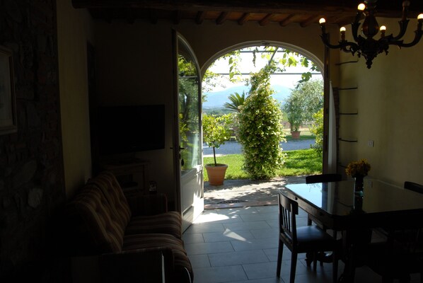A living room with a sofa, a TV, a dining table with chairs, and a chandelier. There is a large window with a view of a garden and mountains.