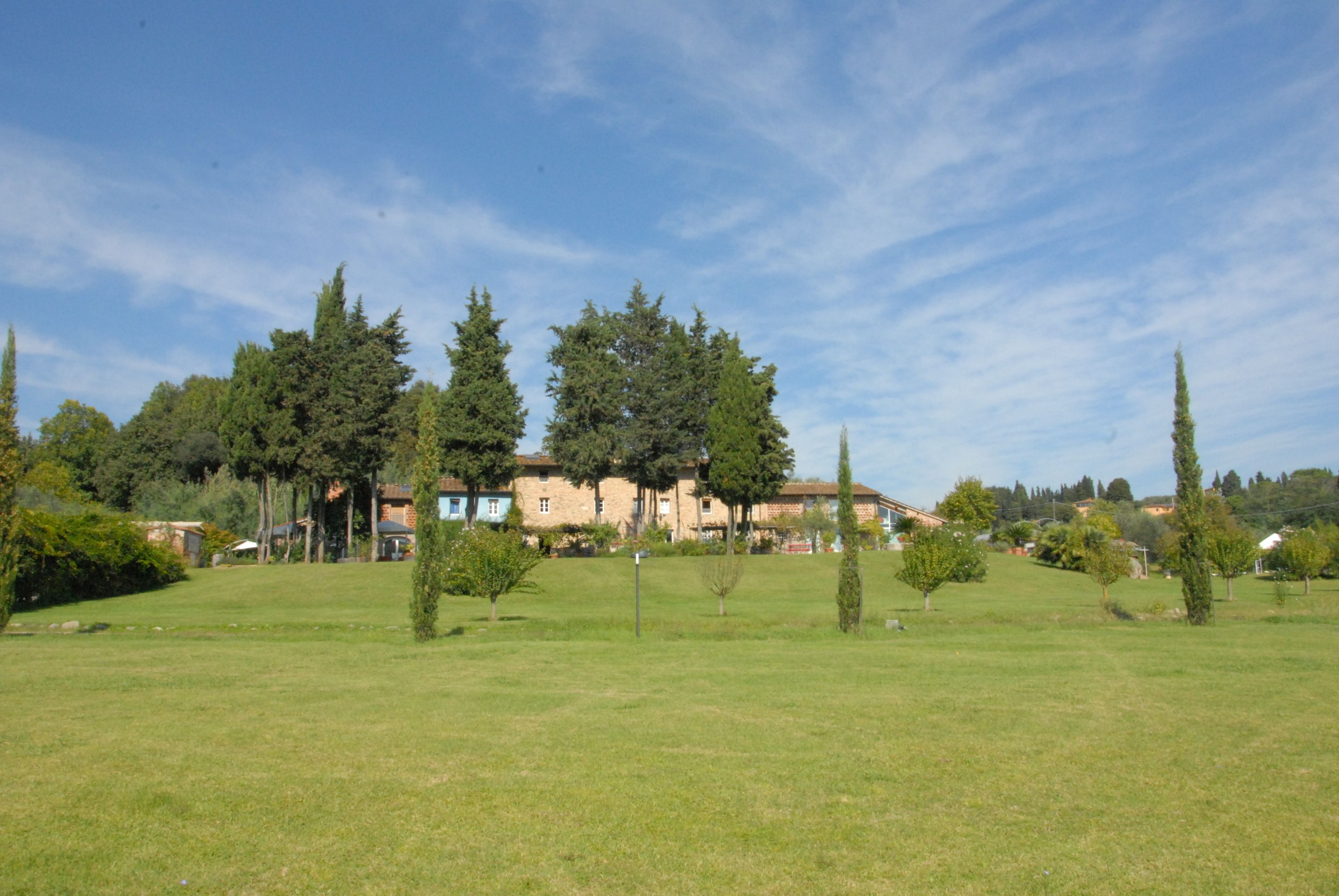 Un champ herbeux avec un bâtiment en arrière-plan.