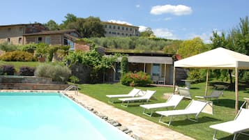 Seasonal outdoor pool, open 8:00 AM to 8:00 PM, pool umbrellas